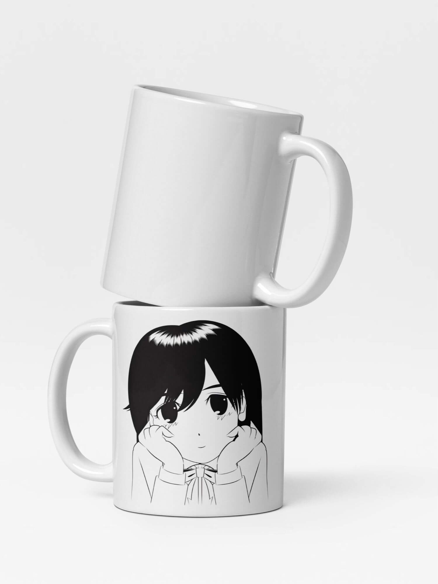 Smile Girl Mug    Japan Cartoon women’s worried  face character drinks cup coffee, tea, juice, milk drinking cups miteigi branded product item tumblers ceramics in white with black ink pattern Ceramic Anime Gifts womens girls gen z generation A woman worry Japanese manga souvenirs mugs