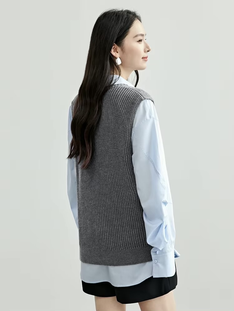 Wool Sweater Vest gray     Women’s straight solid simple V-neck sleeveless ribbed knitted sweater fit woman in grey basic pullover woolen blend rib Tops Spring womens office wfh workwear fashion #W51J58365
