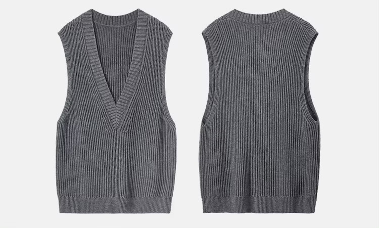 Wool Sweater Vest gray     Women’s straight solid simple V-neck sleeveless ribbed knitted sweater fit woman in grey basic pullover woolen blend rib Tops Spring womens office wfh workwear fashion #W51J58365