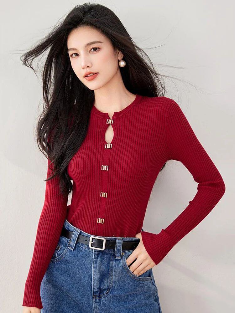 Ribbed Crewneck Sweater    Women’s slimming crew neck pullovers knitted tops for woman Fall Autumn elegant simplicity long sleeves casual round O-neck sweaters wfh office workwear outwear Fashion Versatile outerwear womens rib slim fit tank top cardigans in red