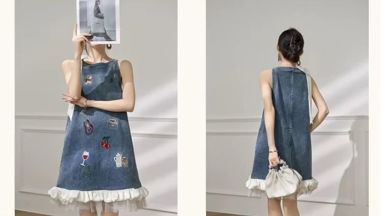 Women’s woman womens petite-, tall-, plus-, size Light Luxury High-quality Elegant cotton-blend holiday vacation getaway evening party club, loose knit sleeveless round crewneck o-neck collar embroidery design ruffle frill trim hem, DJ nightclub vibe embroidered denim mini dress Fashion Dresses in blue with multi color accents