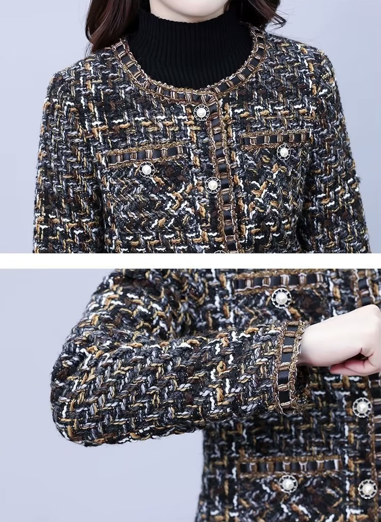 Women&rsquo;s woman womens petite-, tall-, plus-, size Light Luxury High-quality Elegant Winter commute wfh office workwear evening party plaid turndown crewneck collar button close patch pockets blazer Jacket and skirt suit set Outerwear 2-Piece suits in black with multi brown accent color 
