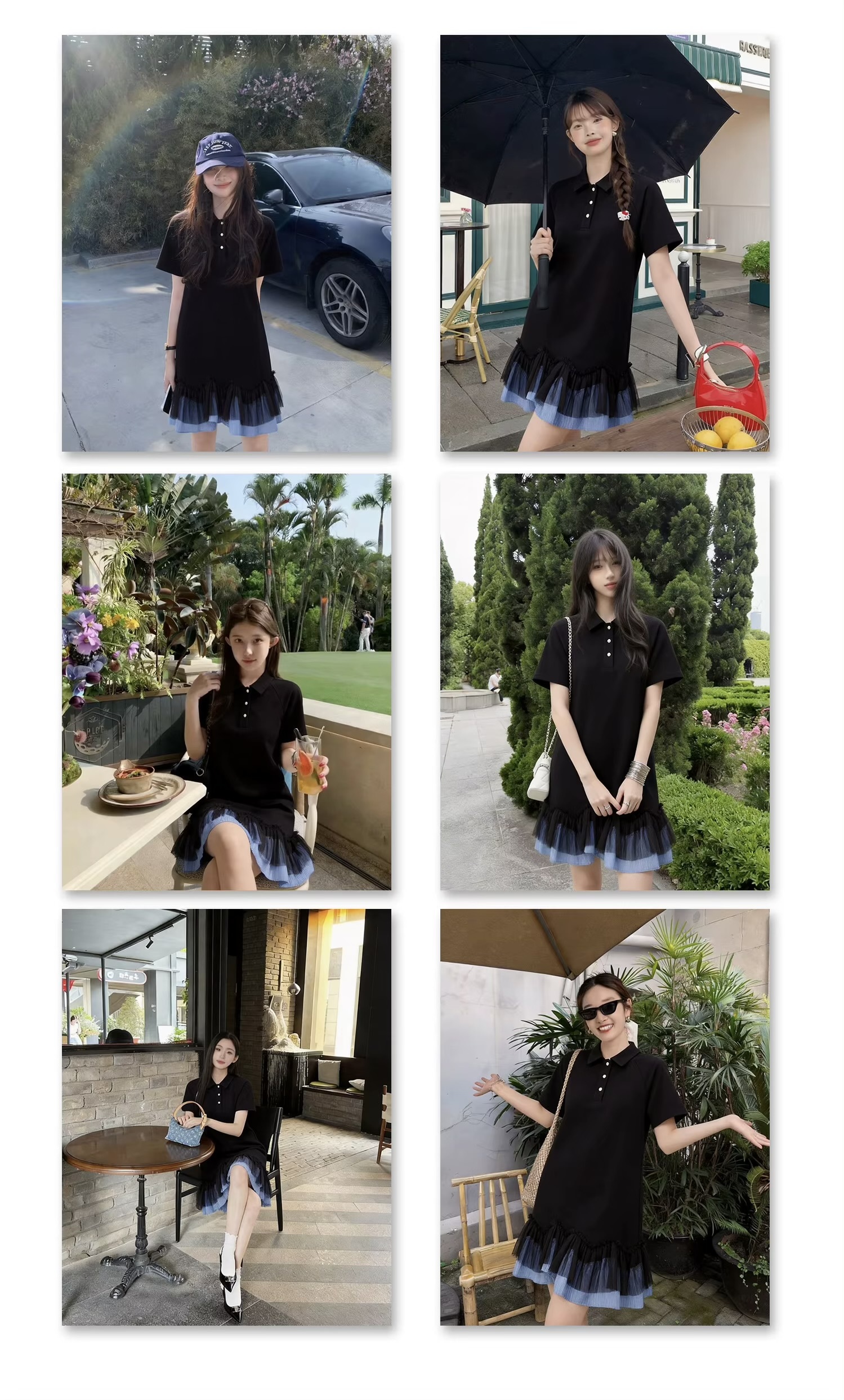 Women&rsquo;s woman womens petite-, tall-, plus-, size Light Luxury High-quality Elegant cotton-blend holiday vacation getaway evening party club, loose knit short sleeves turn-down polo collar, v-neck, mesh ruffles pleated pleats trim hem, DJ nightclub vibe casual midi dress Fashion Dresses in black with light sky blue
