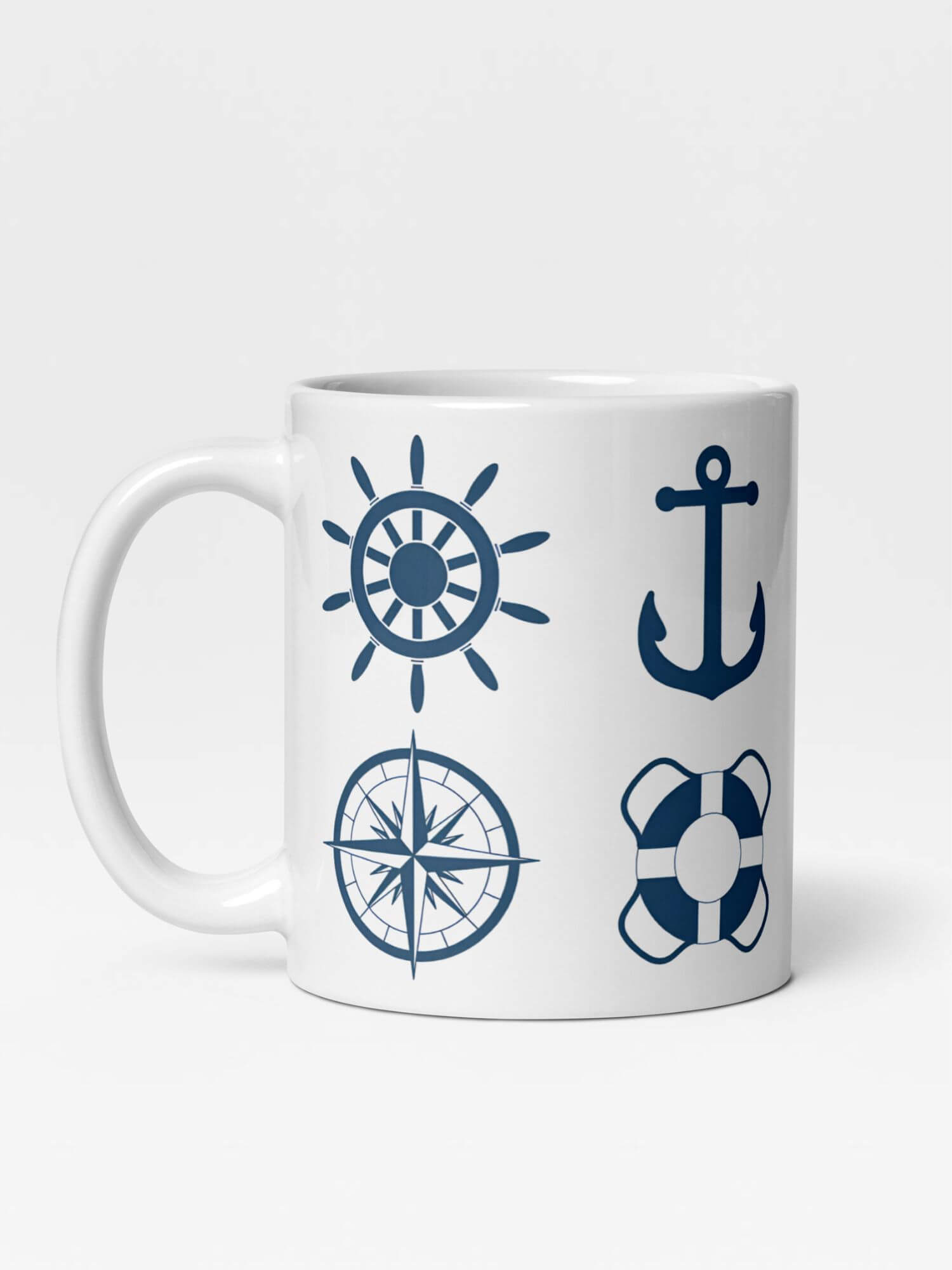 Nautical Mug    Cartoon Yachting Sailing anchor lifebuoy compass sail wheel rudder steering symbols character drinks cup coffee, tea, juice, milk drinking cups miteigi branded product item tumblers ceramics in white with light blue ink multicolor pattern Ceramic Anime Gifts sailors boating  yachts boats ships marina oceans maritime shipping Japanese manga souvenirs mugs