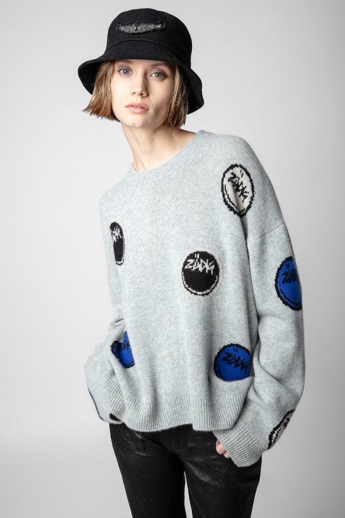 Happy Sweater gray   miteigi Women's Niche Covered Jacquard Loose Cashmere Crewneck long sleeves ribbed hem round o-neck oversized Sweaters for woman in light grey Early Fall Autumn Spring Summer womens fashion season smiley face Zadig & Voltaire Marcus 