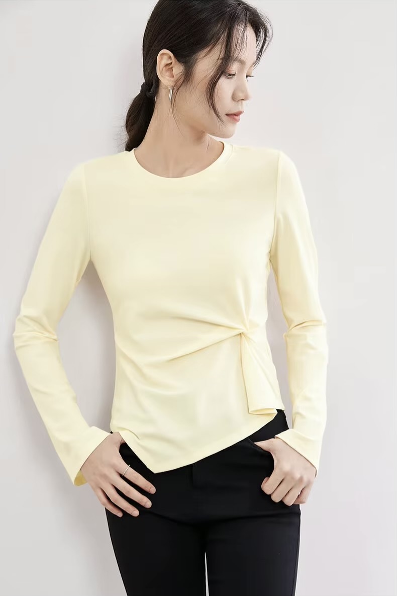 Irregular T-Shirt    Women’s solid O-neck round O-neck long flare sleeves pullovers top crewneck Tees for woman in light pastel yellow Simple Female bow-knot t-shirts Spring womens fashion clothing blouses petite-, plus-, size crew neck tops #141T53414
