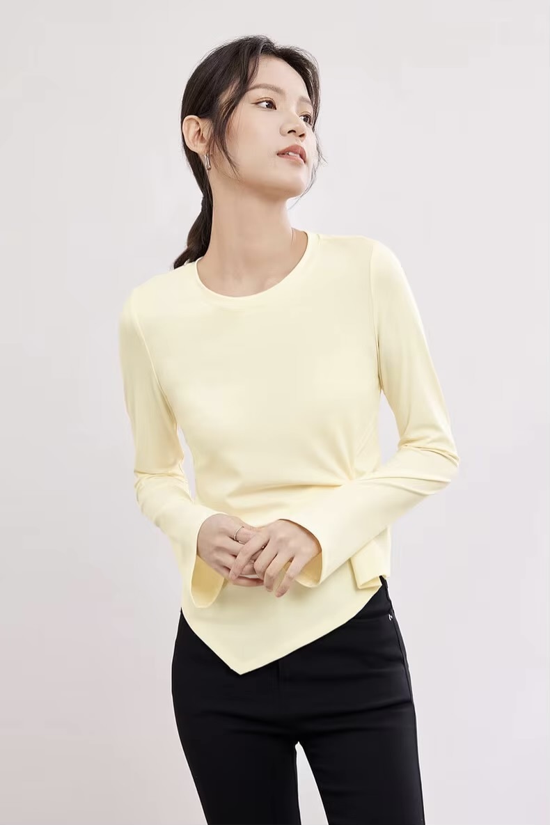 Irregular T-Shirt    Women’s solid O-neck round O-neck long flare sleeves pullovers top crewneck Tees for woman in light pastel yellow Simple Female bow-knot t-shirts Spring womens fashion clothing blouses petite-, plus-, size crew neck tops #141T53414