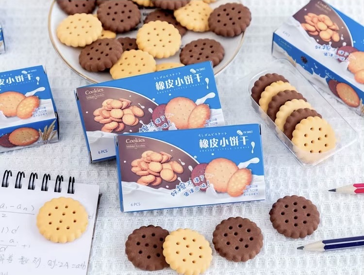 Office home School Kawaii Creative Biscuit Cookie pencil Eraser Rubber 6-Pack supply Stationery Novelty Lovely Cake Erasers 6-Piece set Supplies in brown beige color