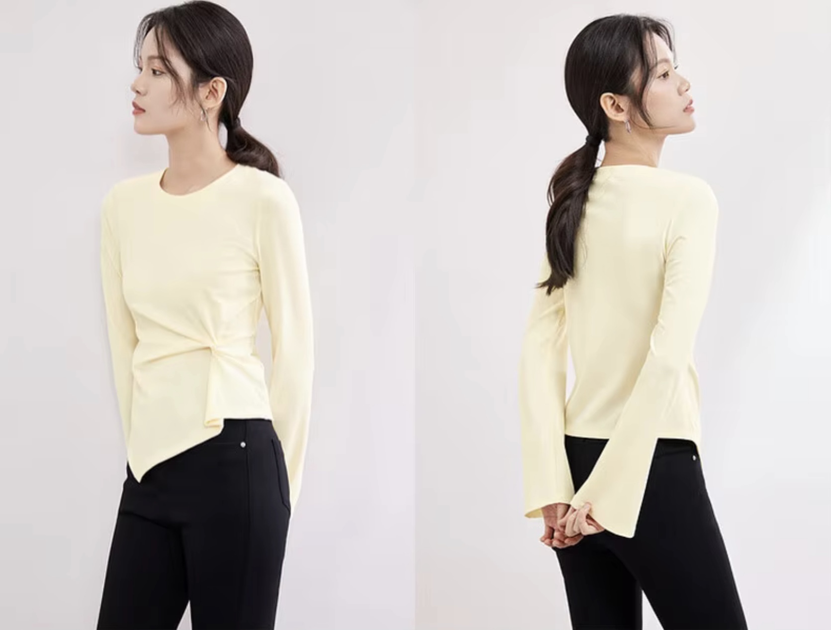 Irregular T-Shirt    Women’s solid O-neck round O-neck long flare sleeves pullovers top crewneck Tees for woman in light pastel yellow Simple Female bow-knot t-shirts Spring womens fashion clothing blouses petite-, plus-, size crew neck tops #141T53414