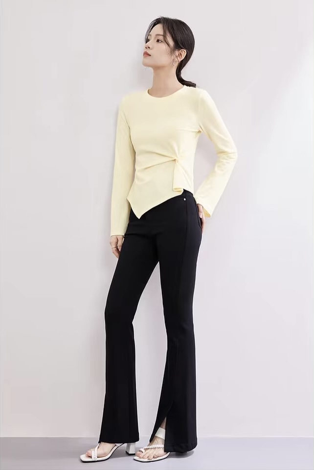 Irregular T-Shirt    Women’s solid O-neck round O-neck long flare sleeves pullovers top crewneck Tees for woman in light pastel yellow Simple Female bow-knot t-shirts Spring womens fashion clothing blouses petite-, plus-, size crew neck tops #141T53414