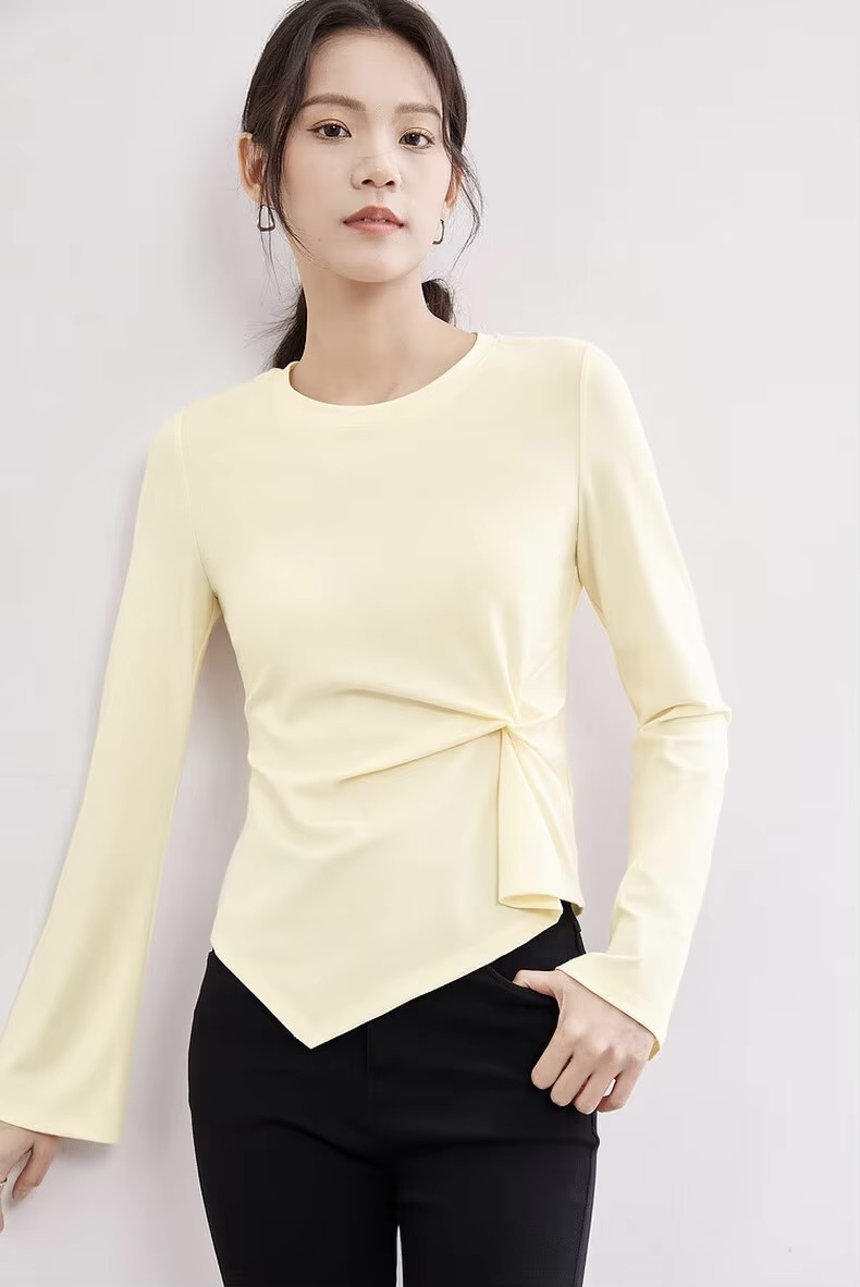 Irregular T-Shirt    Women’s solid O-neck round O-neck long flare sleeves pullovers top crewneck Tees for woman in light pastel yellow Simple Female bow-knot t-shirts Spring womens fashion clothing blouses petite-, plus-, size crew neck tops #141T53414