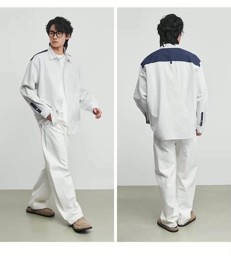 Men&rsquo;s man mens petite-, tall-, plus-, size Patchwork Striped Lapel Shirt Spring, Summer And Fall Autumn American Trendy stripes Loose Long-sleeves patch pocket at chest turn-down collar striped Shirt Top Shirts in white with blue 