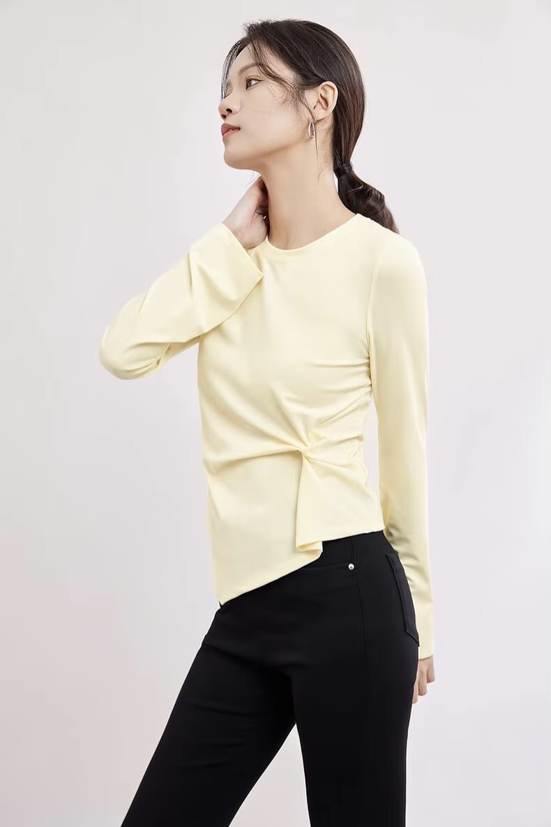 Irregular T-Shirt    Women’s solid O-neck round O-neck long flare sleeves pullovers top crewneck Tees for woman in light pastel yellow Simple Female bow-knot t-shirts Spring womens fashion clothing blouses petite-, plus-, size crew neck tops #141T53414