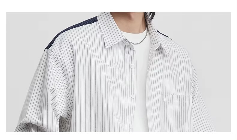 Men&rsquo;s man mens petite-, tall-, plus-, size Patchwork Striped Lapel Shirt Spring, Summer And Fall Autumn American Trendy stripes Loose Long-sleeves patch pocket at chest turn-down collar striped Shirt Top Shirts in white with blue 