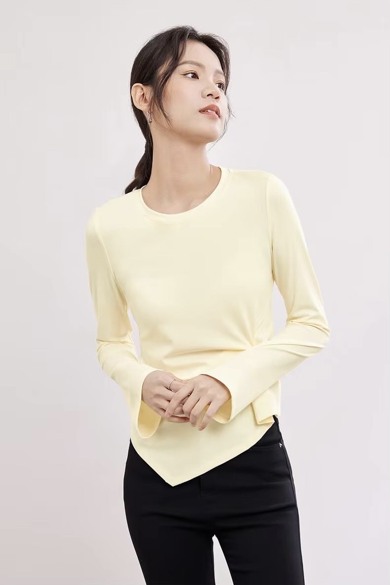 Irregular T-Shirt    Women’s solid O-neck round O-neck long flare sleeves pullovers top crewneck Tees for woman in light pastel yellow Simple Female bow-knot t-shirts Spring womens fashion clothing blouses petite-, plus-, size crew neck tops #141T53414