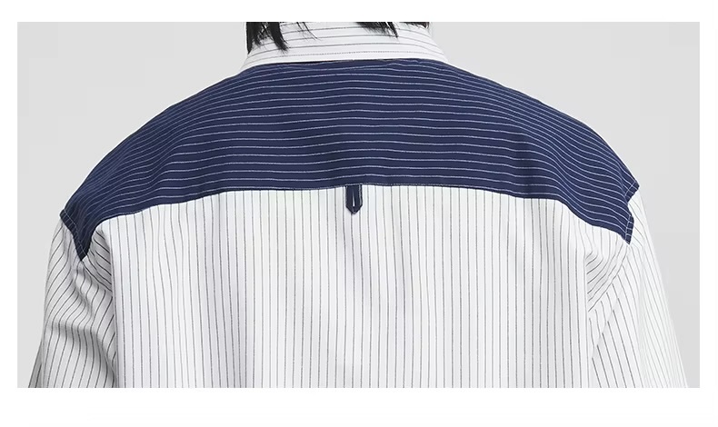 Men&rsquo;s man mens petite-, tall-, plus-, size Patchwork Striped Lapel Shirt Spring, Summer And Fall Autumn American Trendy stripes Loose Long-sleeves patch pocket at chest turn-down collar striped Shirt Top Shirts in white with blue 