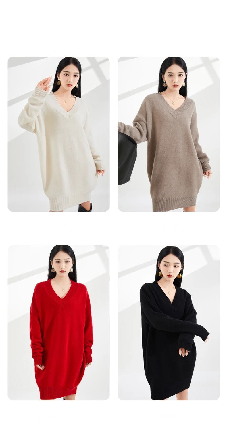 Escriva Sweater Dress Woman's Winter Spring Thick Long Sleeves V-Neck Female Pullover Loose Large Size Tops 100% Woolen Knitted womens Jumper Sweater Dresses for Woman in Cream White Beige brown Red Black