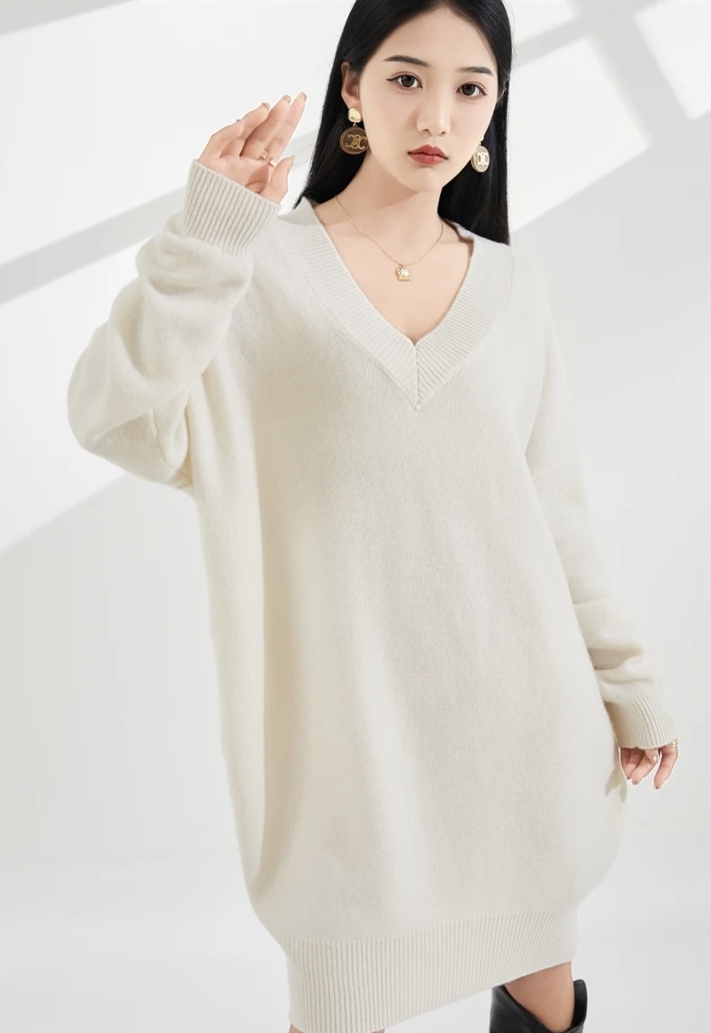 Escriva Sweater Dress Woman's Winter Spring Thick Long Sleeves V-Neck Female Pullover Loose Large Size Tops 100% Woolen Knitted womens Jumper Sweater Dresses for Woman in Cream White