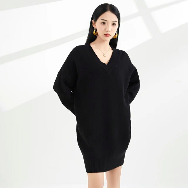 \ Escriva Sweater Dress Woman's Winter Spring Thick Long Sleeves V-Neck Female Pullover Loose Large Size Tops 100% Woolen Knitted womens Jumper Sweater Dresses for Woman in black