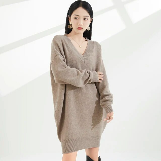 Escriva Sweater Dress Woman's Winter Spring Thick Long Sleeves V-Neck Female Pullover Loose Large Size Tops 100% Woolen Knitted womens Jumper Sweater Dresses for Woman in beige brown