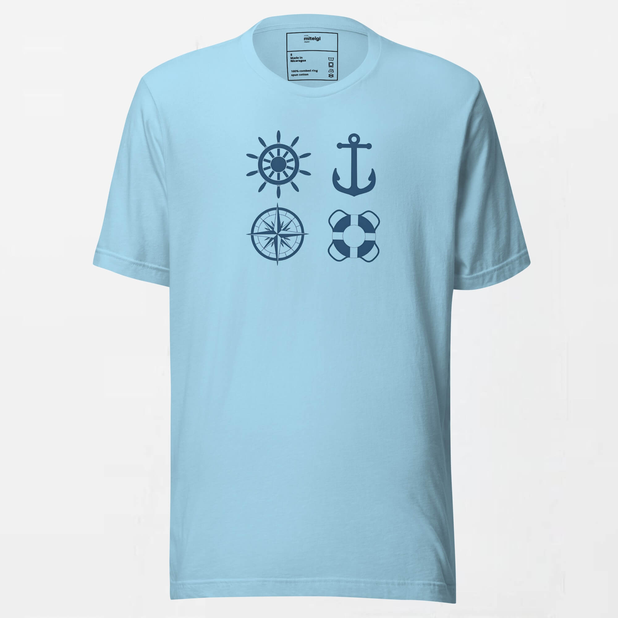 Bella + Canvas x miteigi Logo Crewneck Unisex T-Shirt blue    Unisex anywear Women’s Men's Short Sleeves o-neck Japanese Casual Solid Color Cartoon Nautical Yachting Sailing anchor lifebuoy compass sail wheel rudder steering symbols characters Logo Branded product item Beach travel vacation holiday getaway womens mens crew neck round Tops T-Shirts for tall-, plus-, size man woman sailors boating yachts boats ships maritime oceans marine shipping Genderful tees