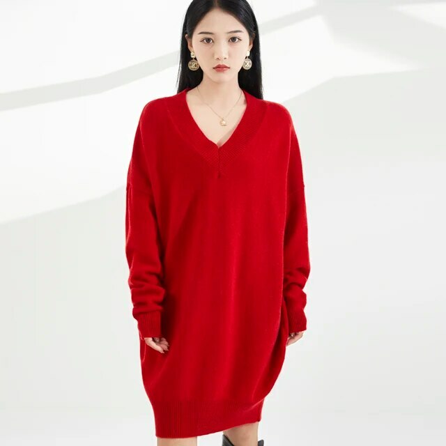 Escriva Sweater Dress Woman's Winter Spring Thick Long Sleeves V-Neck Female Pullover Loose Large Size Tops 100% Woolen Knitted womens Jumper Sweater Dresses for Woman in Red