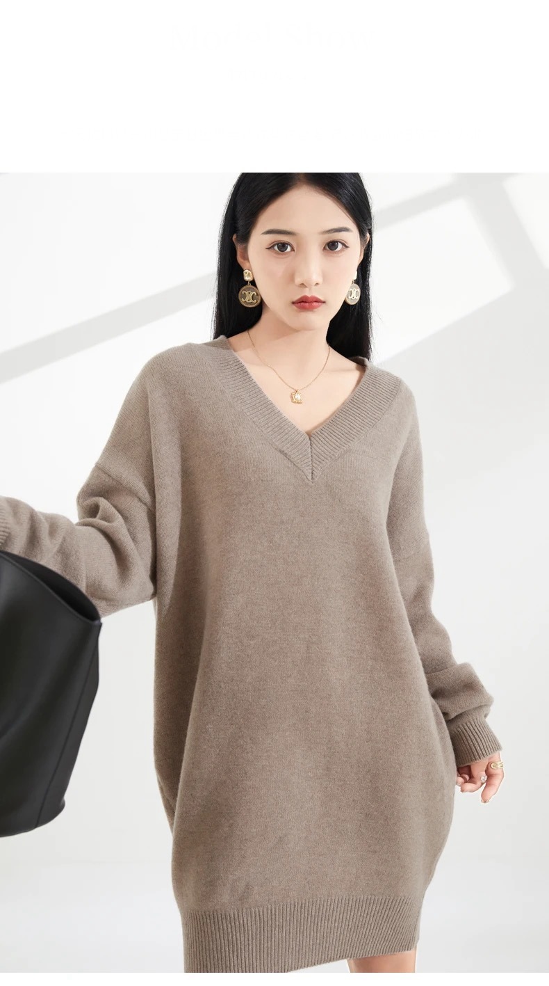 Escriva Sweater Dress Woman's Winter Spring Thick Long Sleeves V-Neck Female Pullover Loose Large Size Tops 100% Woolen Knitted womens Jumper Sweater Dresses for Woman in beige brown