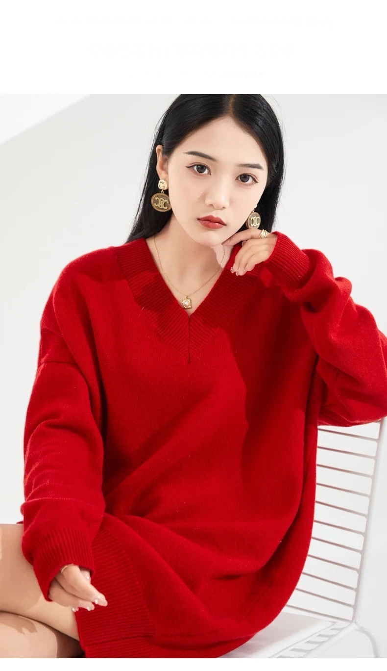 Escriva Sweater Dress Woman's Winter Spring Thick Long Sleeves V-Neck Female Pullover Loose Large Size Tops 100% Woolen Knitted womens Jumper Sweater Dresses for Woman in Red