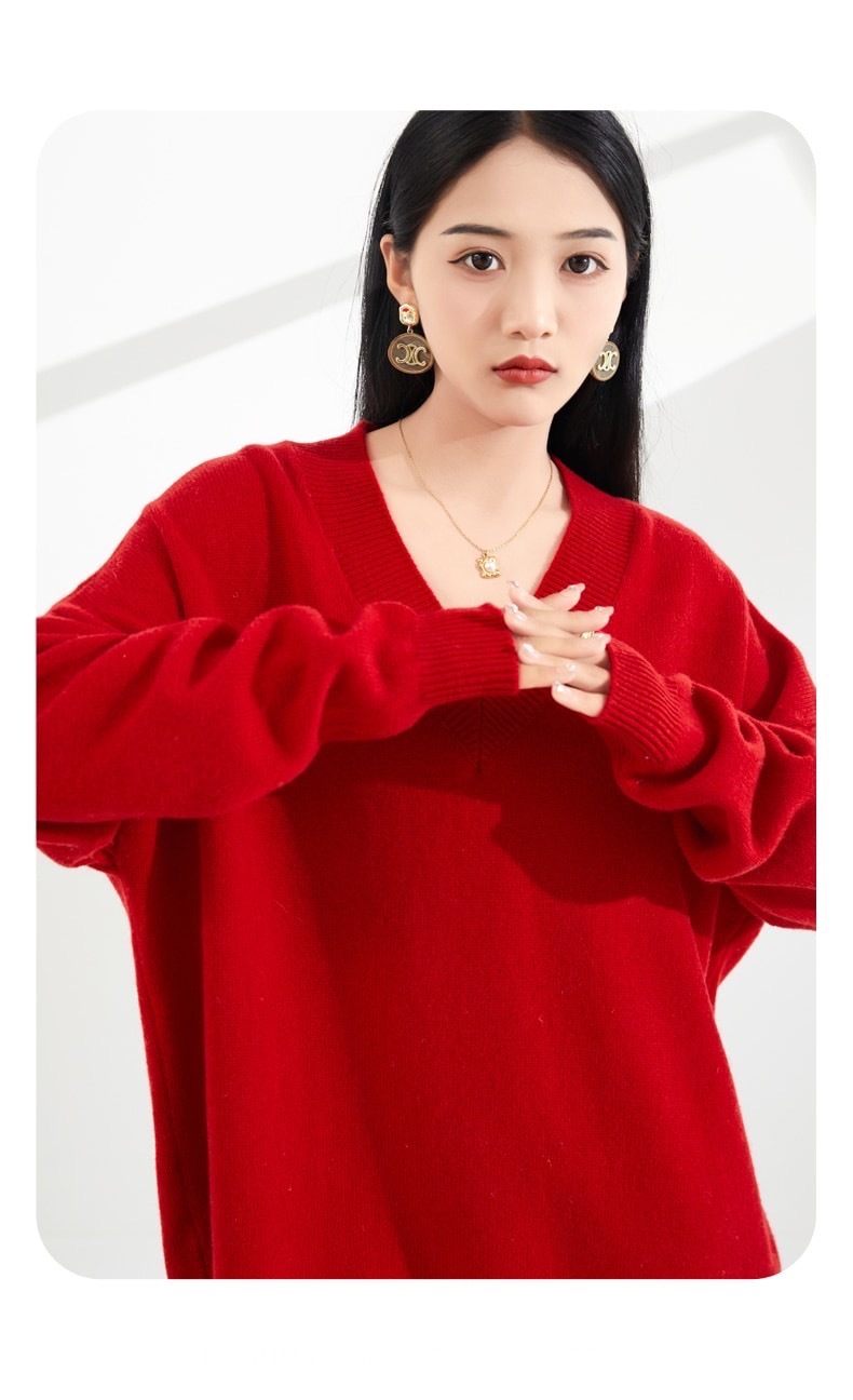 Escriva Sweater Dress Woman's Winter Spring Thick Long Sleeves V-Neck Female Pullover Loose Large Size Tops 100% Woolen Knitted womens Jumper Sweater Dresses for Woman in Red