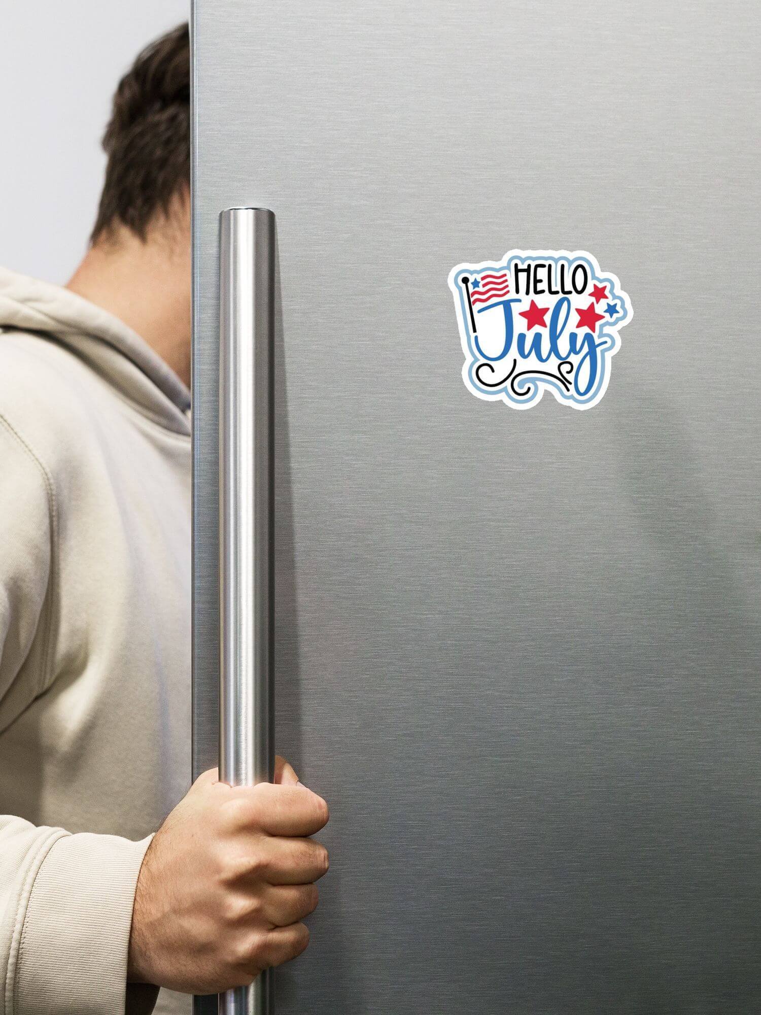 Hello July USA Magnet  American months of the year in white with blue and red design United States Of America anime refrigerator magnets for Kitchen fridge office 