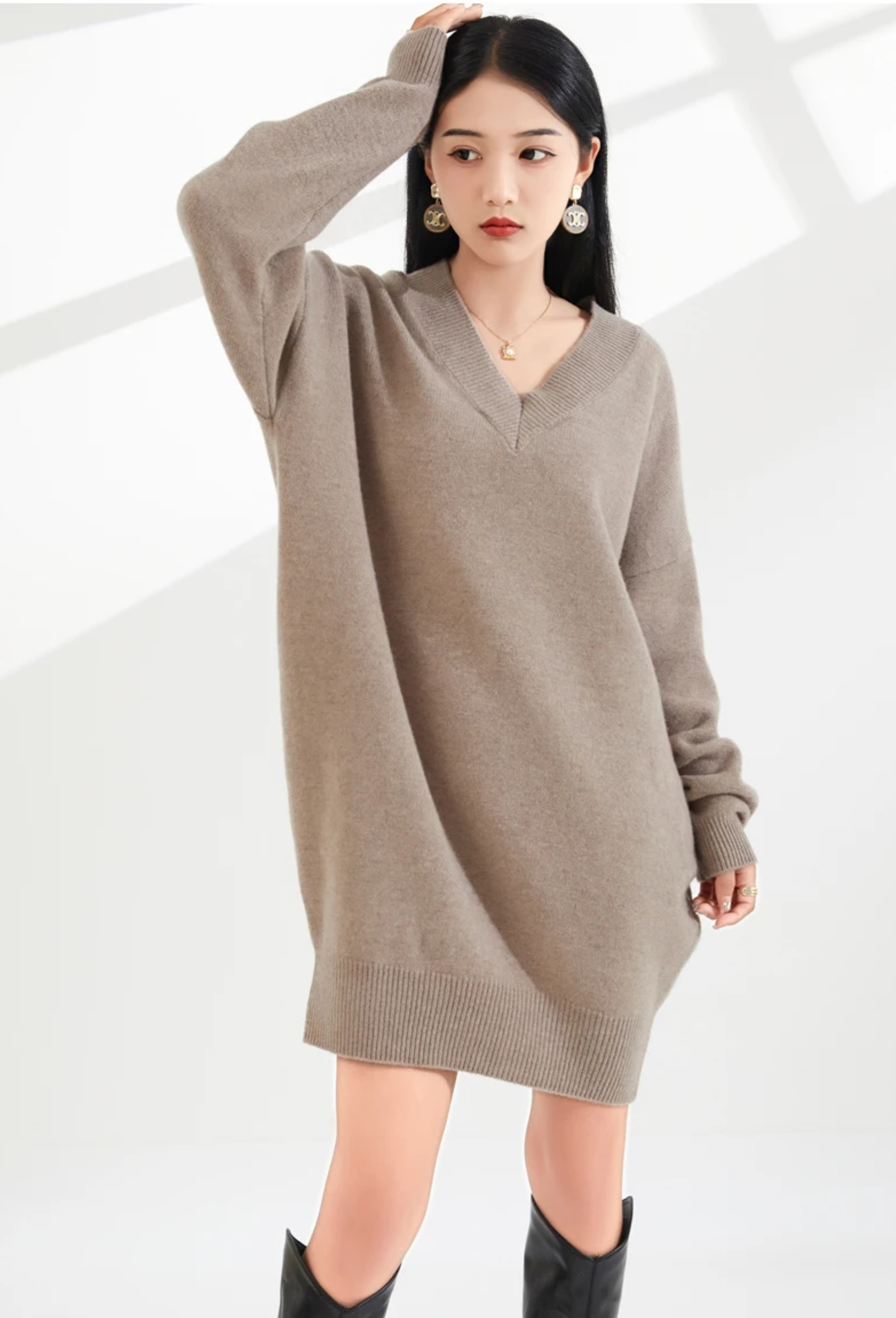 Escriva Sweater Dress Woman's Winter Spring Thick Long Sleeves V-Neck Female Pullover Loose Large Size Tops 100% Woolen Knitted womens Jumper Sweater Dresses for Woman in beige brown