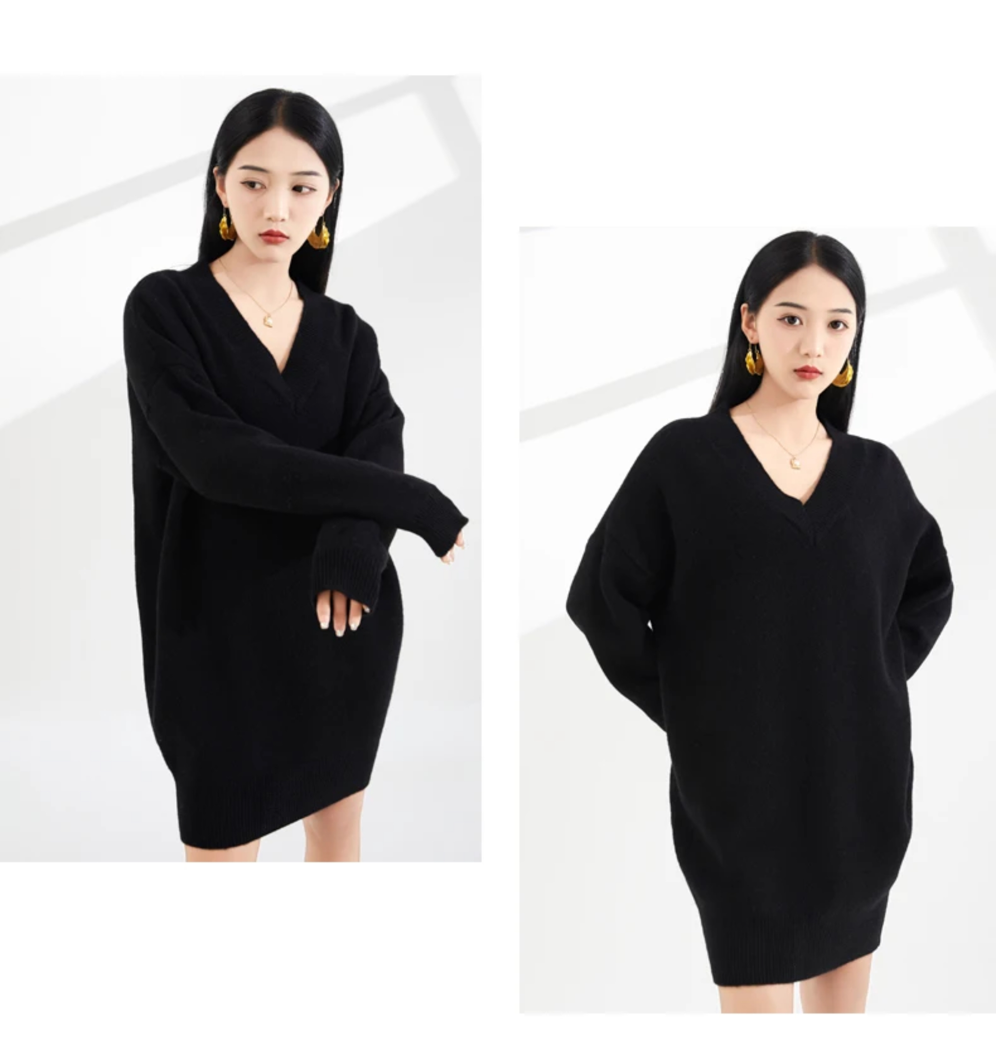 \ Escriva Sweater Dress Woman's Winter Spring Thick Long Sleeves V-Neck Female Pullover Loose Large Size Tops 100% Woolen Knitted womens Jumper Sweater Dresses for Woman in black