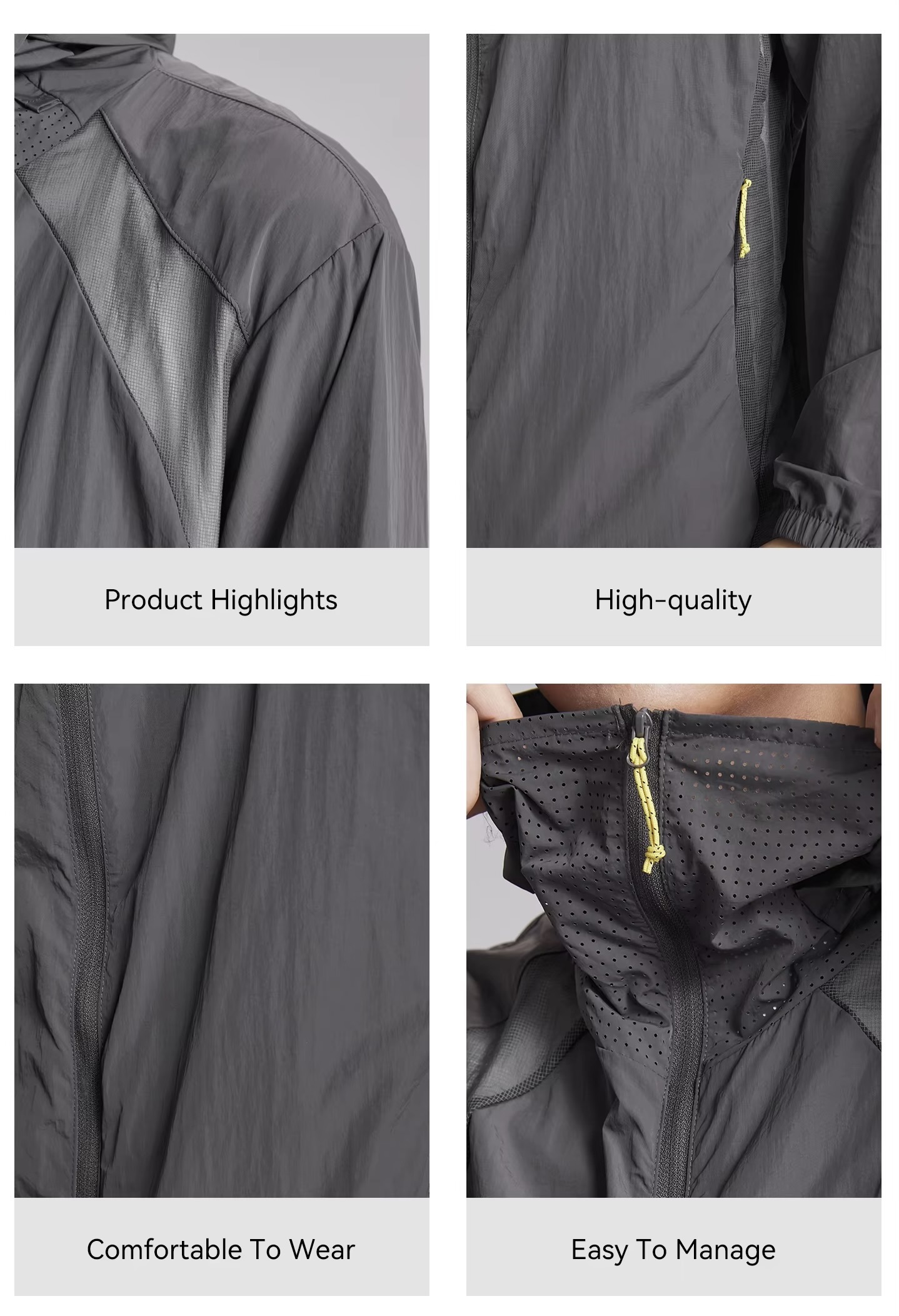 Men&rsquo;s man mens petite-, tall-, plus-, size Patchwork Sun Protection Summer Lightweight Breathable UV Protection Outdoor Hooded Quick Dry Easy Street Jacket Coat Sports Windbreaker Outerwear Sportswear outdoor camping Outwear Jackets in Gray grey