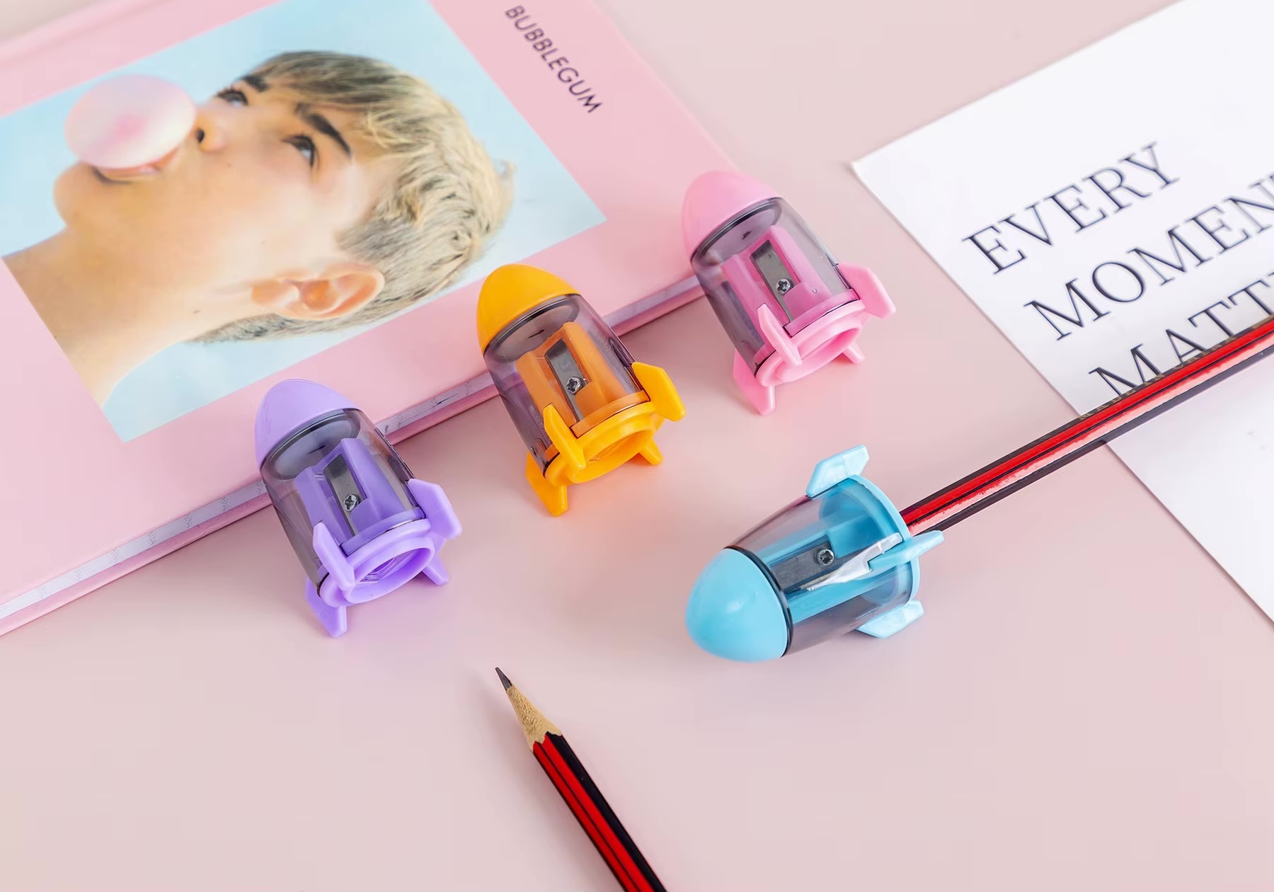 Office School home study room Kawaii Cute Candy Color Rocket Shape Pencil Sharpeners Korean Stationery accessory Novelty accessories in light yellow purple Blue and pink transparent