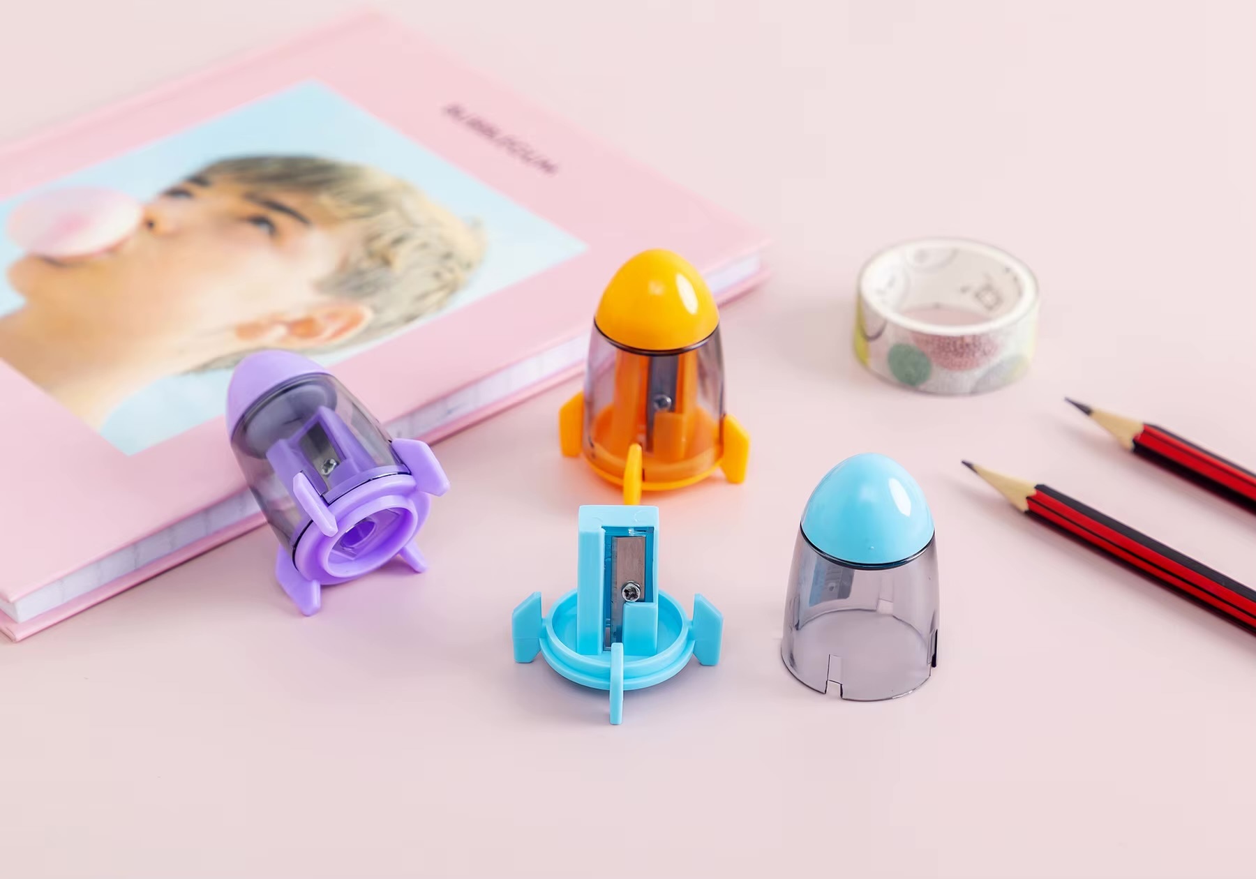 Office School home study room Kawaii Cute Candy Color Rocket Shape Pencil Sharpeners Korean Stationery accessory Novelty accessories in light yellow purple Blue and pink transparent