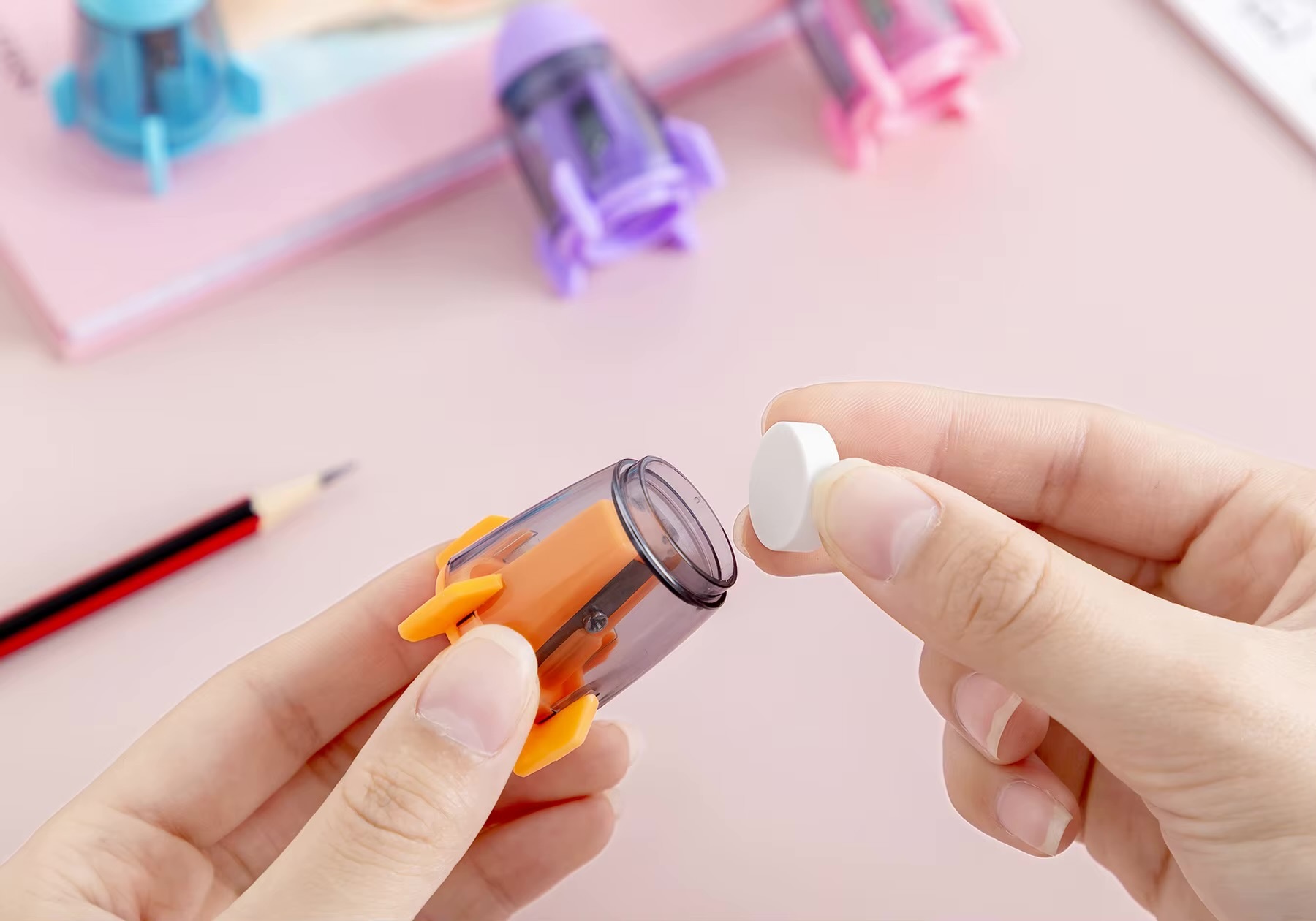 Office School home study room Kawaii Cute Candy Color Rocket Shape Pencil Sharpeners Korean Stationery accessory Novelty accessories in light yellow purple Blue and pink transparent