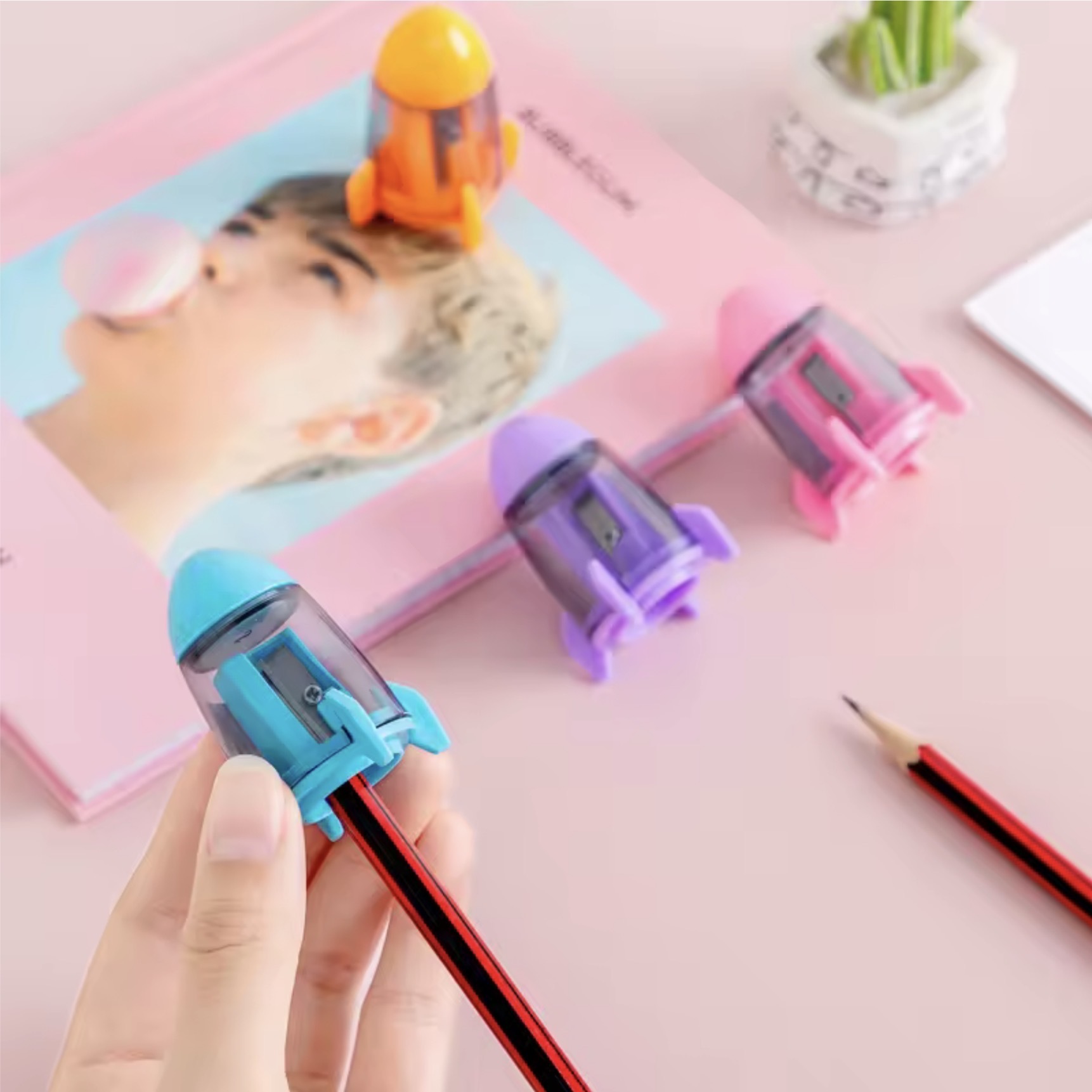 Office School home study room Kawaii Cute Candy Color Rocket Shape Pencil Sharpeners Korean Stationery accessory Novelty accessories in light yellow purple Blue and pink transparent