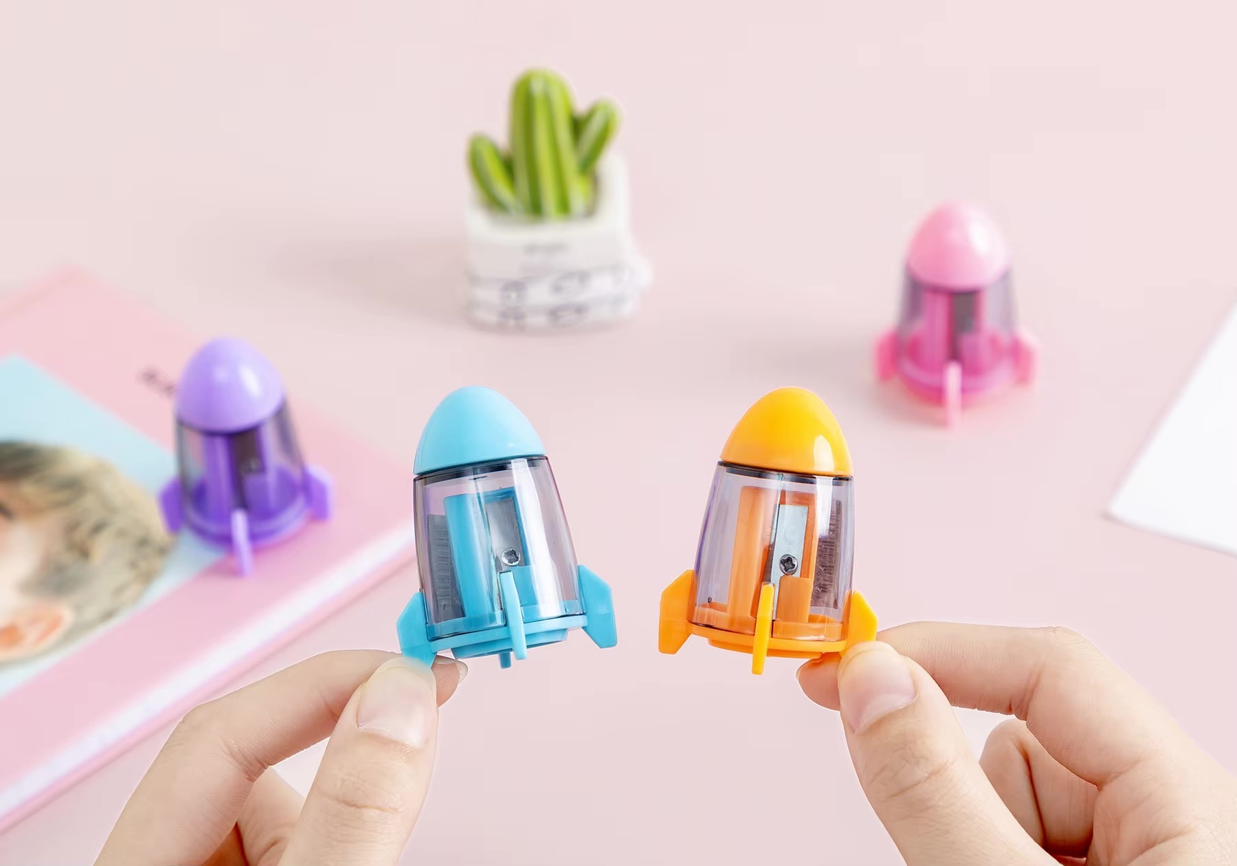 Office School home study room Kawaii Cute Candy Color Rocket Shape Pencil Sharpeners Korean Stationery accessory Novelty accessories in light yellow purple Blue and pink transparent