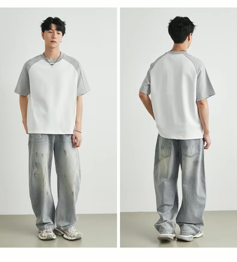 Men’s man mens petite-, tall-, plus-, size patchwork Color Block short half Raglan rib Sleeve Summer Textured Loose Casual Versatile City Boy Style T-Shirt Top T-Shirts in white, with Gray grey,