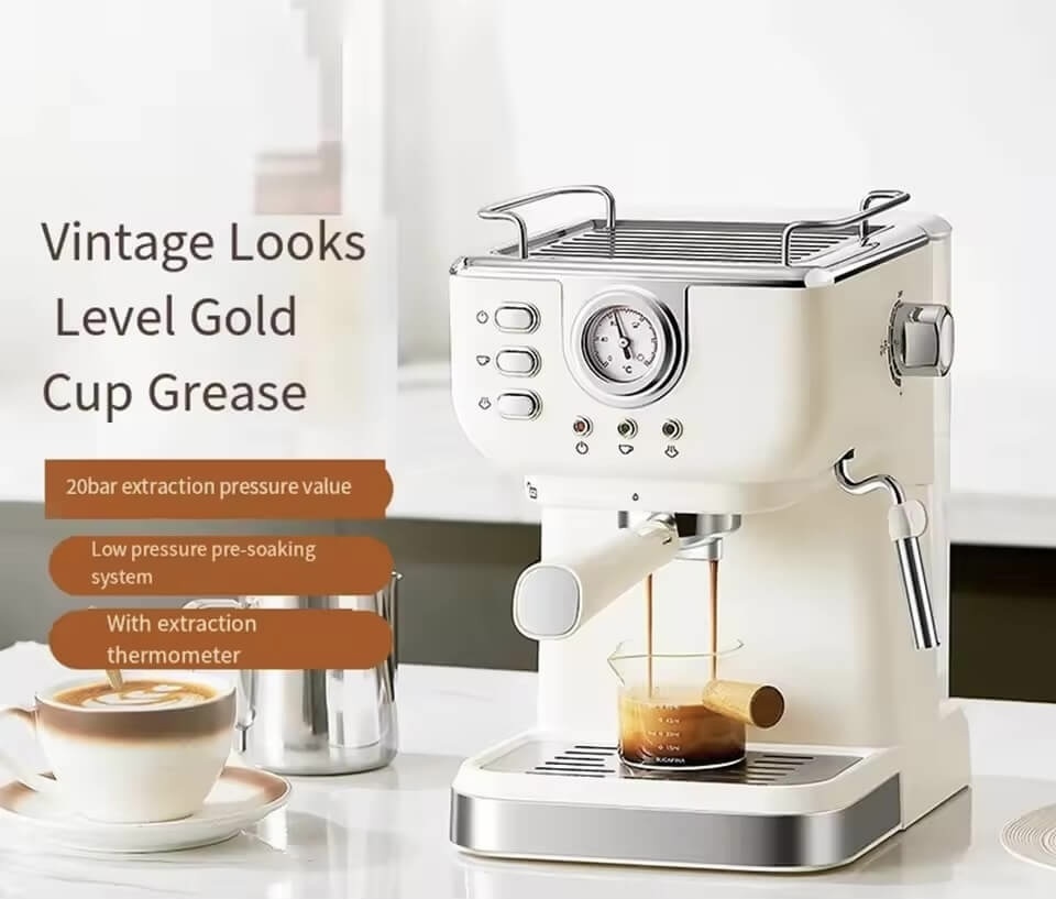 Houselin Espresso Machine 20 Bar, Professional Espresso Maker 1.5L Cappuccino Machine with Steam Milk Frother in cream with silver