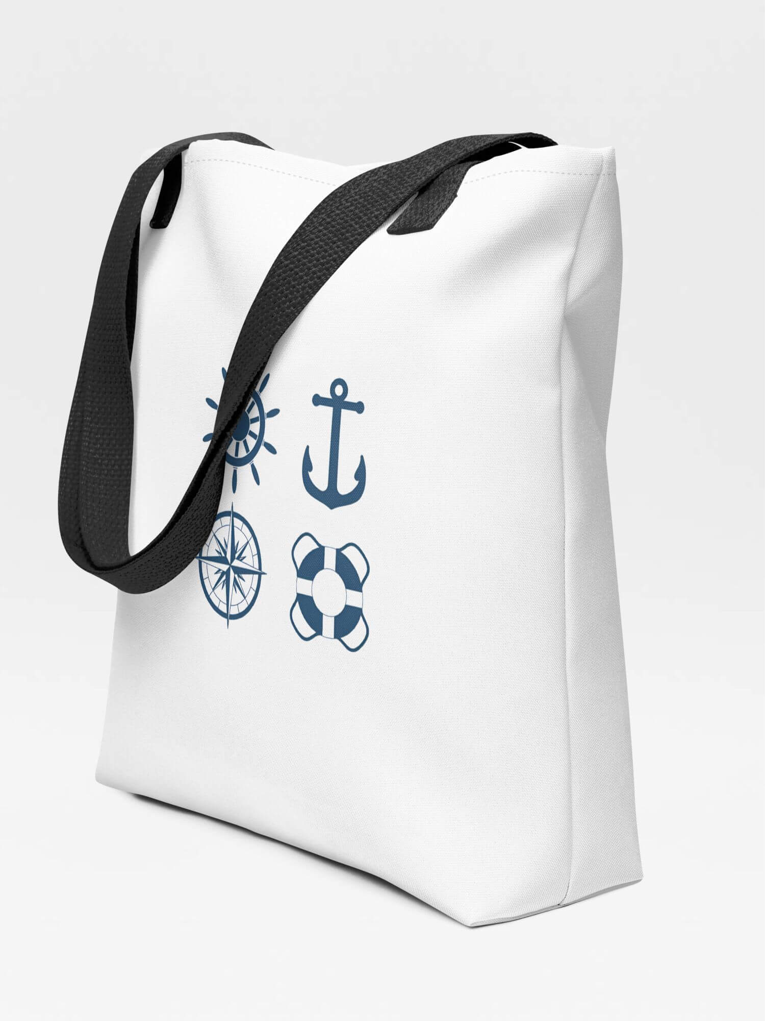 Nautical Tote Bag       Graphic Elements Yachting Sailing anchor lifebuoy compass sail wheel rudder steering lighthouses fishes octopus octopai octopuses paddles rowing oars pirate ship seahorses window porthole cutlass bell binoculars telescope maps tropical fish life jackets vests propellers marine symbols character Branded product item Beach travel vacation holiday getaway everyday use luggage baggage sailors boating yachts boats ships oceans shipping maritime bags in blue