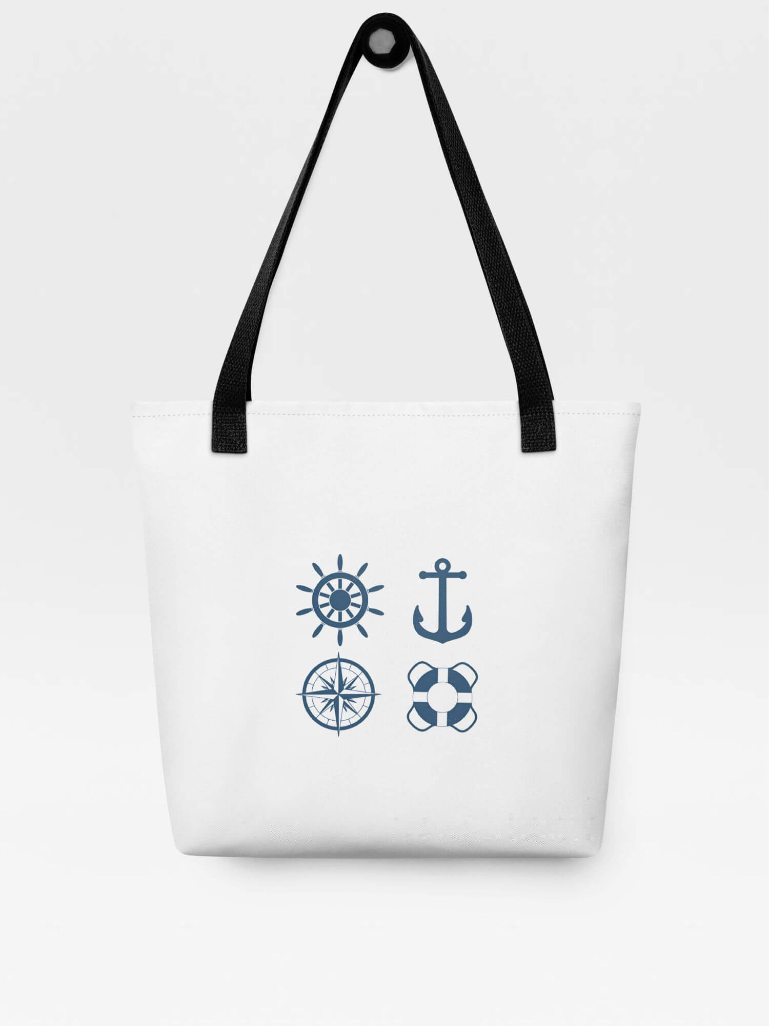 Nautical Tote Bag       Graphic Elements Yachting Sailing anchor lifebuoy compass sail wheel rudder steering lighthouses fishes octopus octopai octopuses paddles rowing oars pirate ship seahorses window porthole cutlass bell binoculars telescope maps tropical fish life jackets vests propellers marine symbols character Branded product item Beach travel vacation holiday getaway everyday use luggage baggage sailors boating yachts boats ships oceans shipping maritime bags in blue