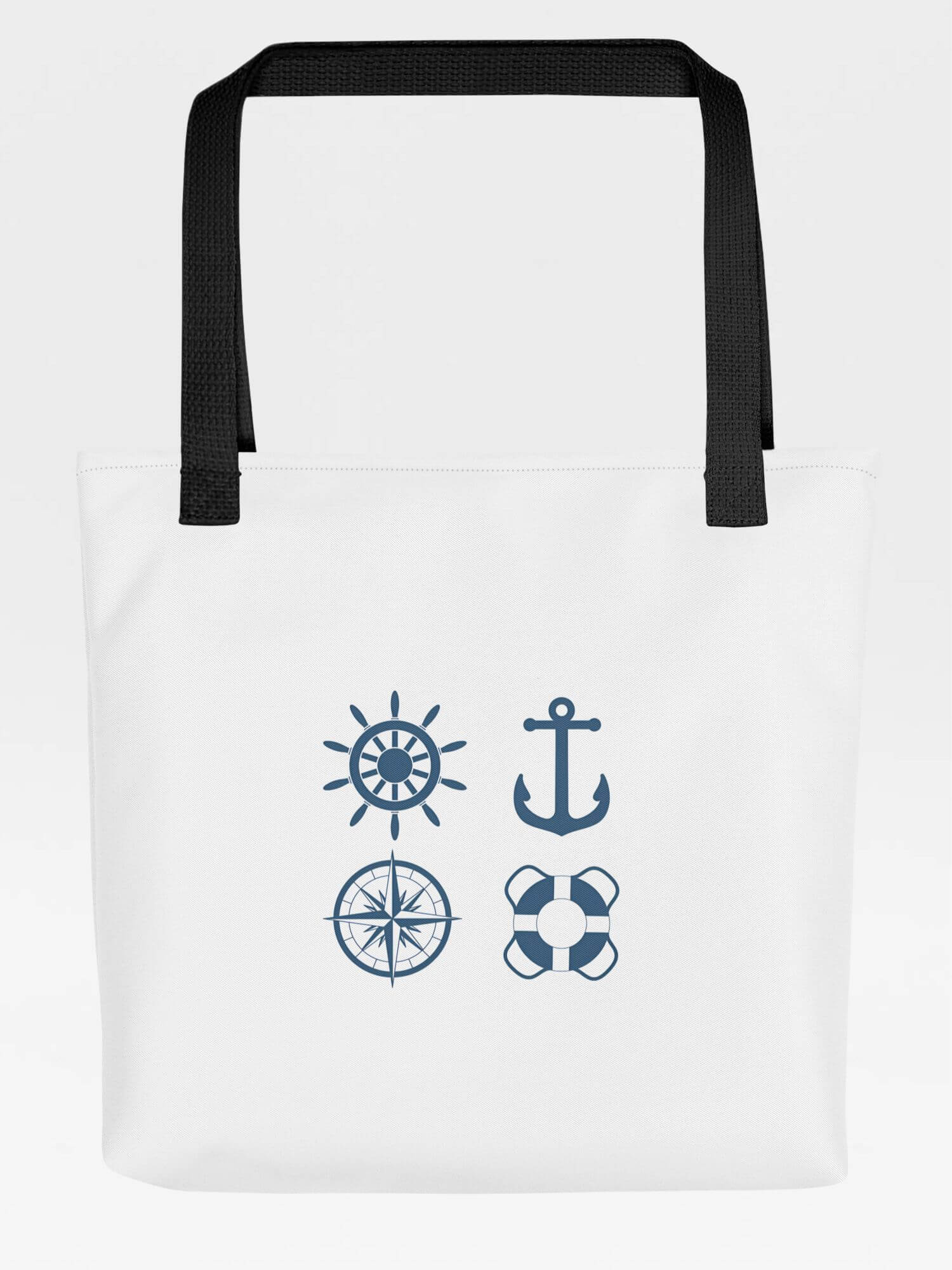 Nautical Tote Bag       Graphic Elements Yachting Sailing anchor lifebuoy compass sail wheel rudder steering lighthouses fishes octopus octopai octopuses paddles rowing oars pirate ship seahorses window porthole cutlass bell binoculars telescope maps tropical fish life jackets vests propellers marine symbols character Branded product item Beach travel vacation holiday getaway everyday use luggage baggage sailors boating yachts boats ships oceans shipping maritime bags in blue