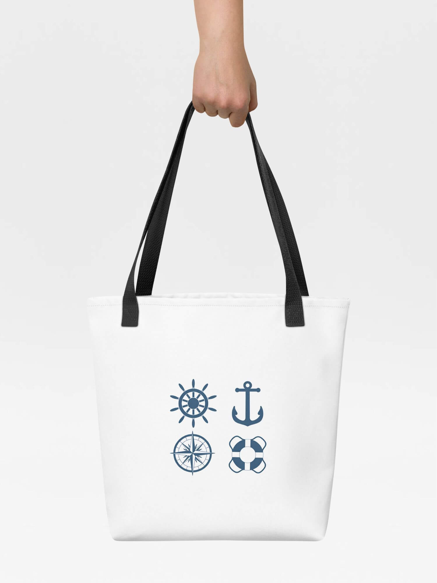 Nautical Tote Bag       Graphic Elements Yachting Sailing anchor lifebuoy compass sail wheel rudder steering lighthouses fishes octopus octopai octopuses paddles rowing oars pirate ship seahorses window porthole cutlass bell binoculars telescope maps tropical fish life jackets vests propellers marine symbols character Branded product item Beach travel vacation holiday getaway everyday use luggage baggage sailors boating yachts boats ships oceans shipping maritime bags in blue