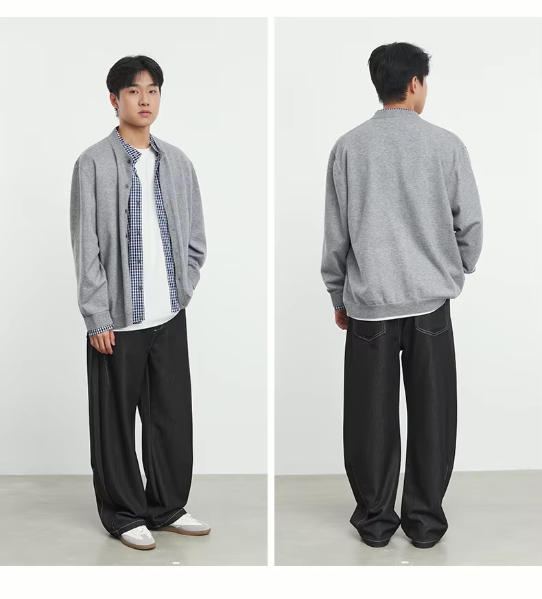 Men’s man mens petite-, tall-, plus-, size fake Two-piece Striped Splicing long sleeves button-up close checkered plaid Cardigan Knitted Jacket Spring Summer Fall and Autumn Korean College sweater mandarin collar shirt Tops Jacket Top cardigans in light Gray grey with blue and white checks