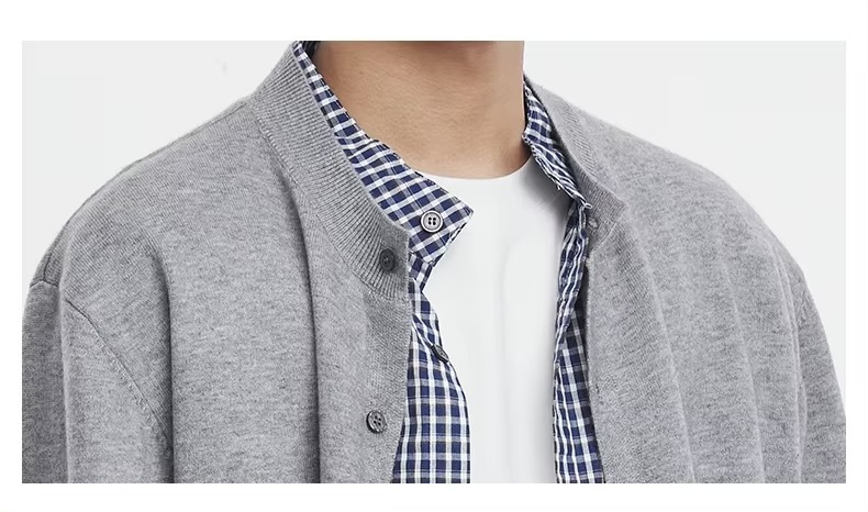 Men’s man mens petite-, tall-, plus-, size fake Two-piece Striped Splicing long sleeves button-up close checkered plaid Cardigan Knitted Jacket Spring Summer Fall and Autumn Korean College sweater mandarin collar shirt Tops Jacket Top cardigans in light Gray grey with blue and white checks