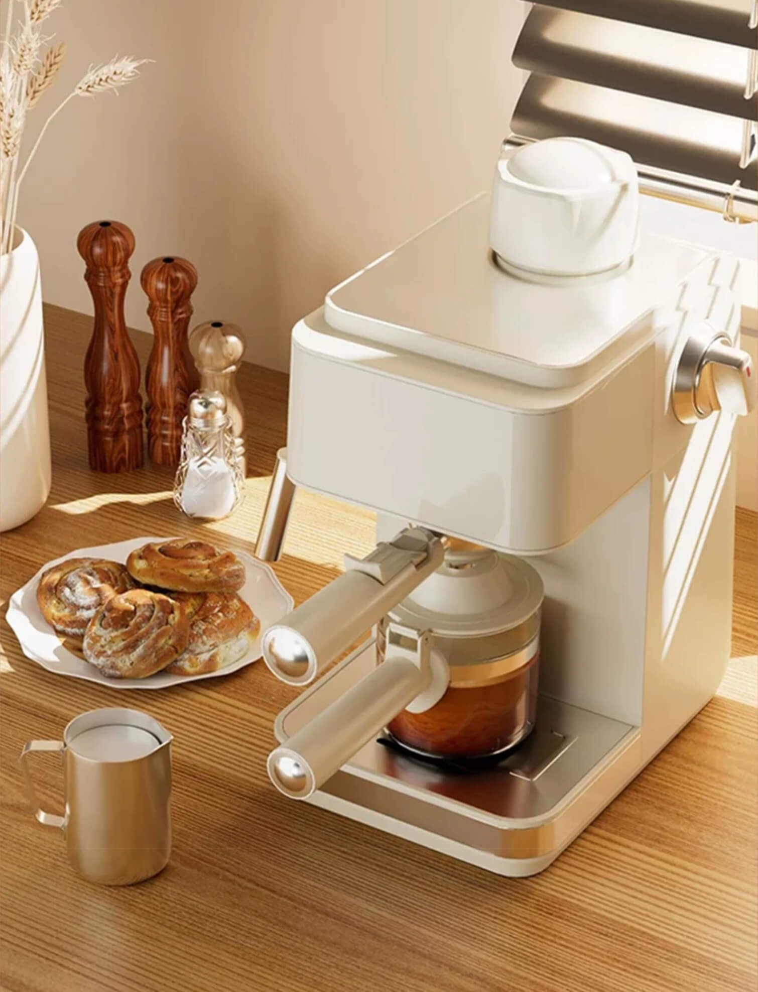 Pump Pressure Italian Automatic Coffee Machine 5Bar American Espresso Cafe Maker Tea Boiler Cappuccino Latte Milk Foam Frother in cream, black color