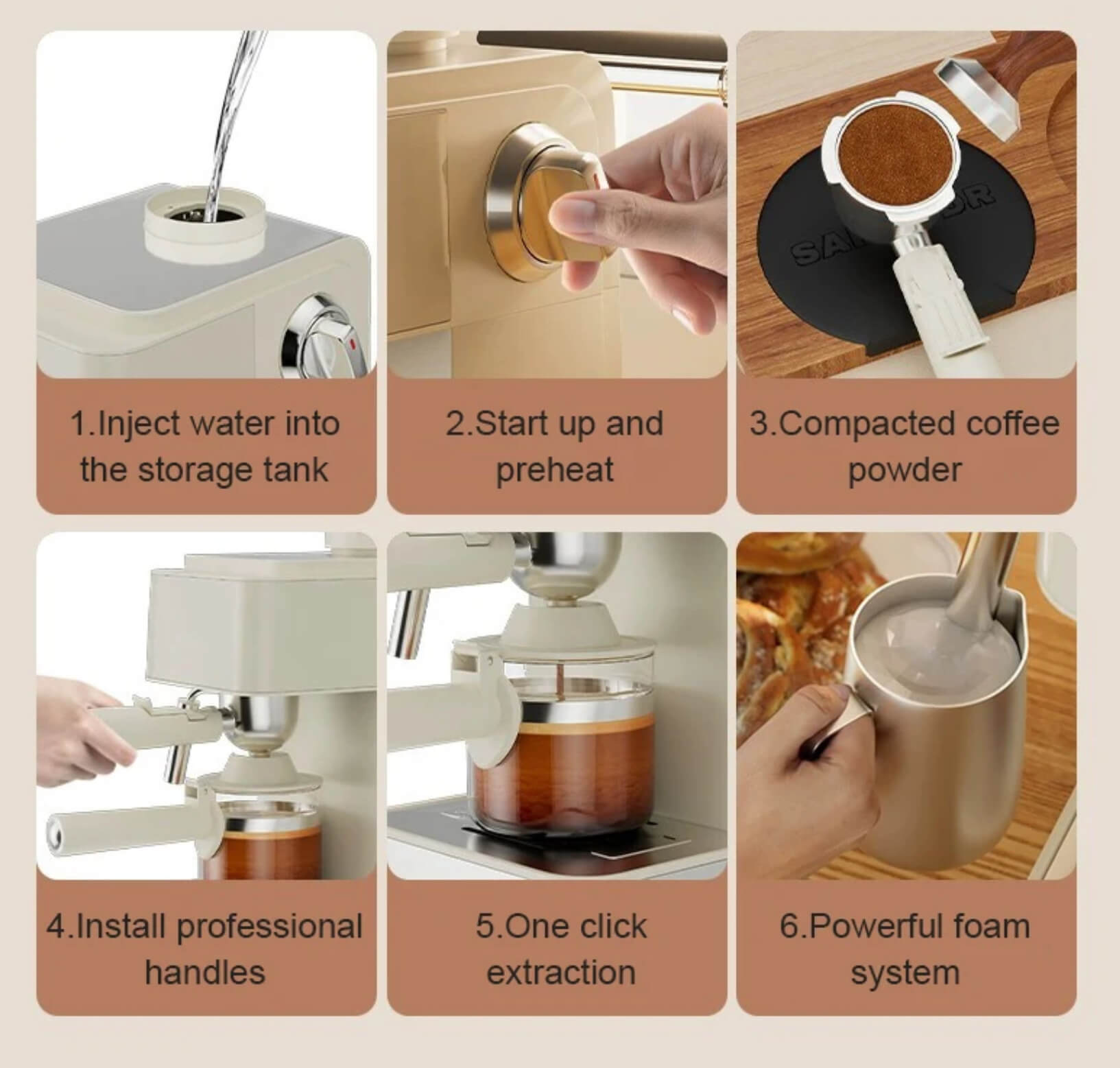 Pump Pressure Italian Automatic Coffee Machine 5Bar American Espresso Cafe Maker Tea Boiler Cappuccino Latte Milk Foam Frother in cream, black color