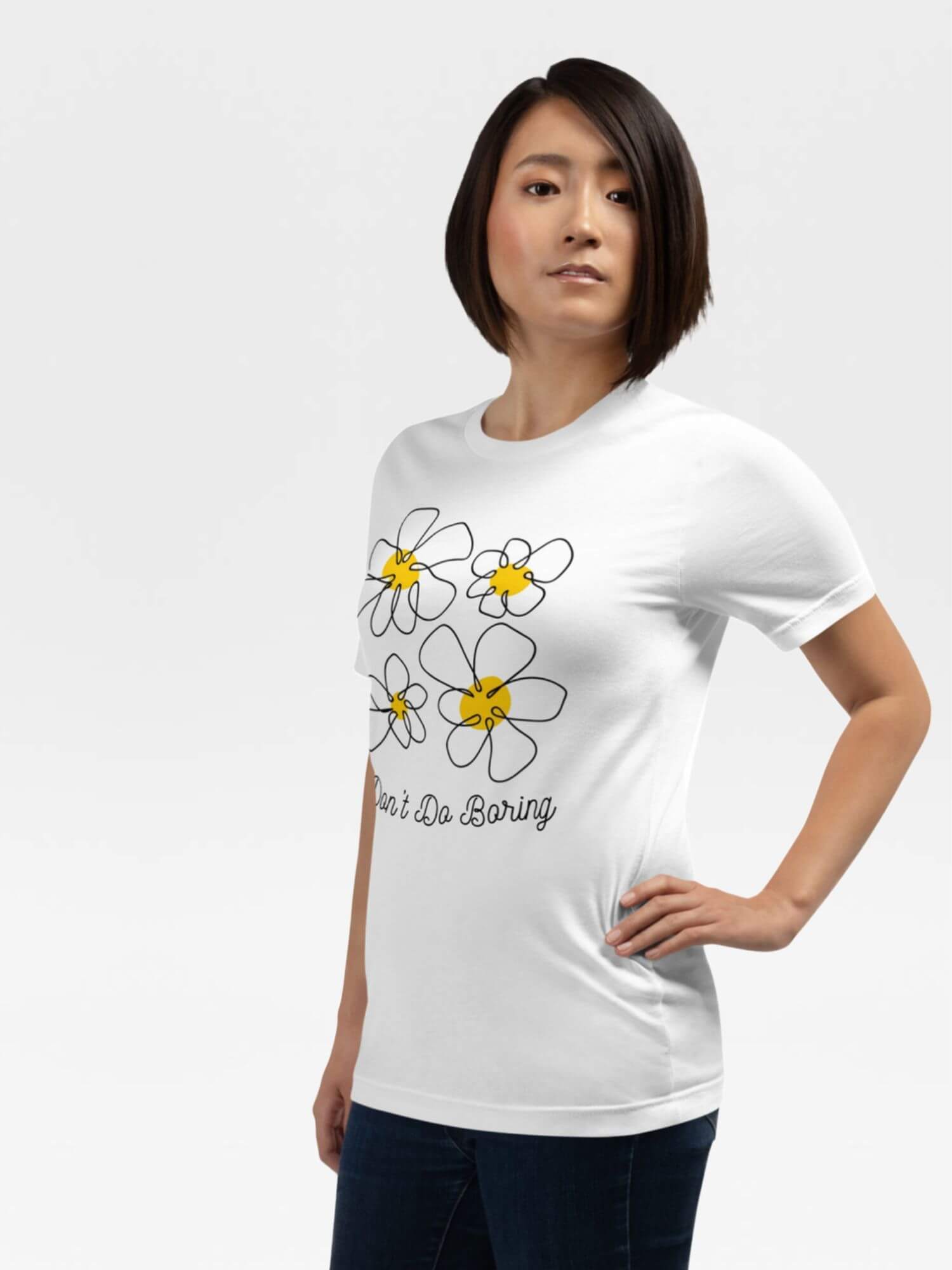 Bella + Canvas Logo Crewneck T-Shirt     Unisex anywear Women’s Men's Short Sleeves o-neck Japanese Casual Solid Color Cartoon floral letter print Logo Branded product item Beach travel vacation holiday getaway womens mens crew neck round Tops T-Shirts for petite, tall-, plus-, size man woman flowers tees in white with yellow design