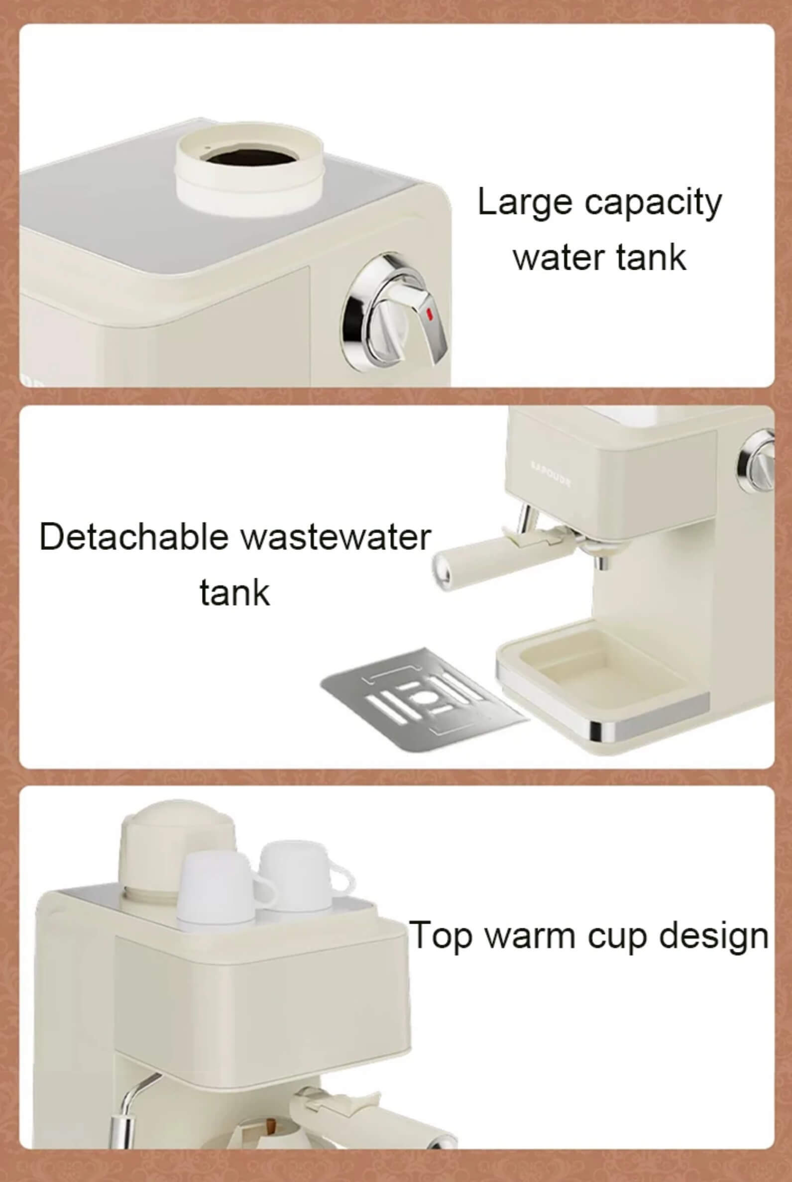 Pump Pressure Italian Automatic Coffee Machine 5Bar American Espresso Cafe Maker Tea Boiler Cappuccino Latte Milk Foam Frother in cream, black color